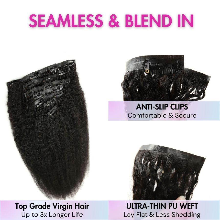 Seamless blend in clip-in hair extensions with anti-slip clips.