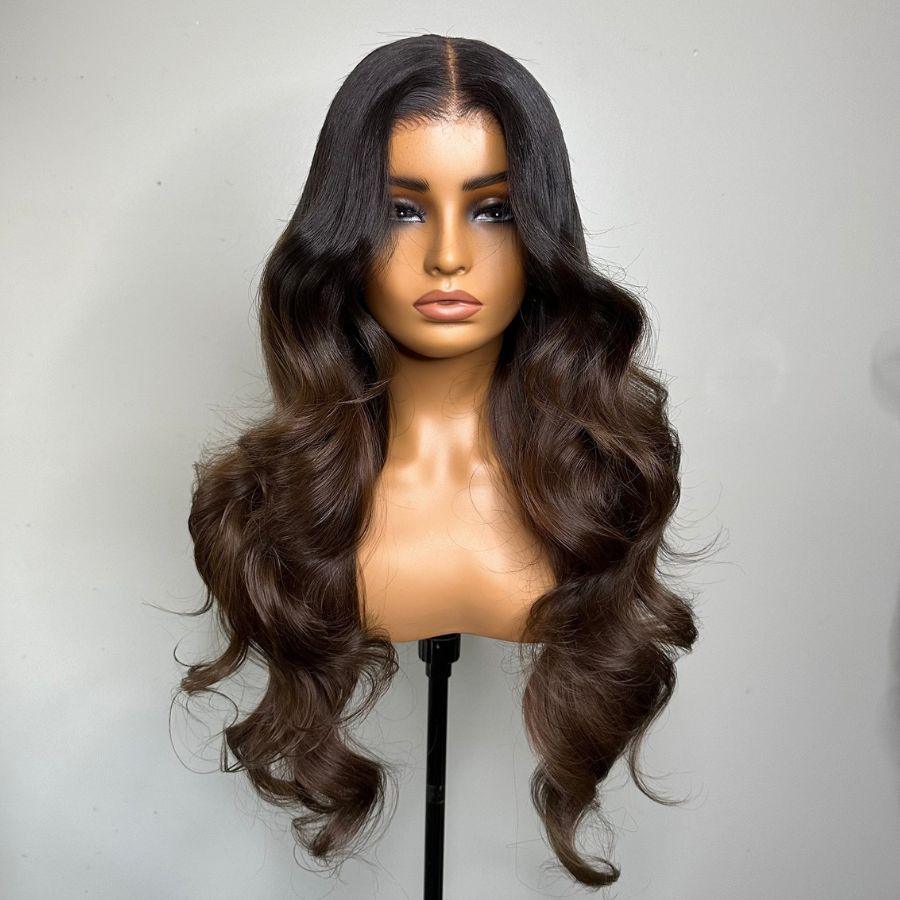 WOWANGEL Ombre Ash Brown Skinlike Real HD Lace 13X6 Full Frontal Wig Body Wave - wowangel