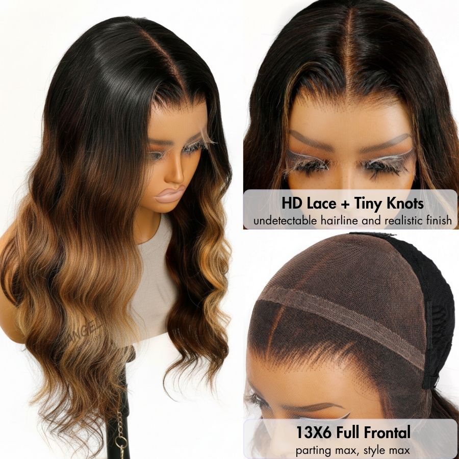 WOWANGEL Ombre Brown Highlight HD Lace 13X6 Full Frontal Wig Pre Plucked Hairline - wowangel