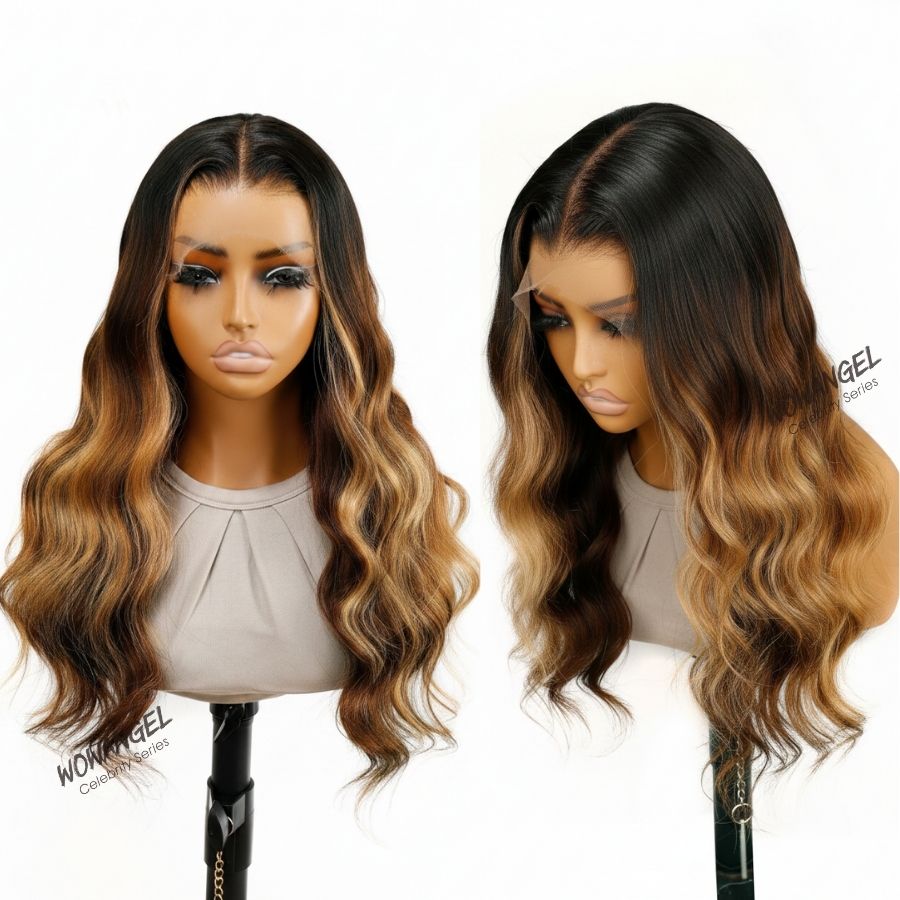 WOWANGEL Ombre Brown Highlight HD Lace 13X6 Full Frontal Wig Pre Plucked Hairline - wowangel