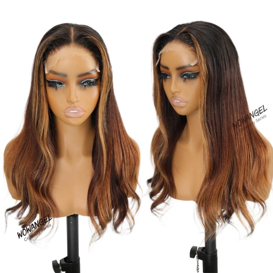 WOWANGEL Ombre Brown Highlight HD Lace 13X6 Full Frontal Wig Pre Plucked Hairline - wowangel