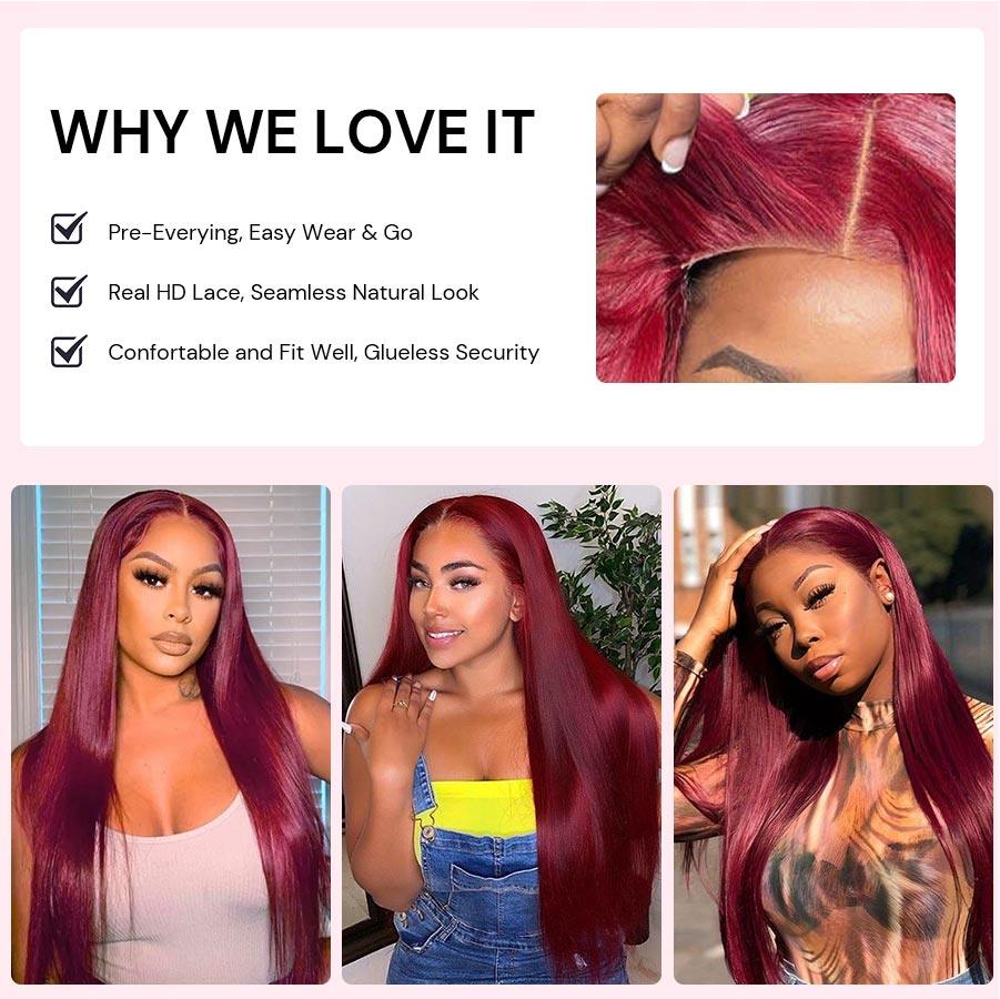 WOWANGEL Plum Red 5X5 HD Lace Closure Wig Body Wave Glueless Wigs - wowangel