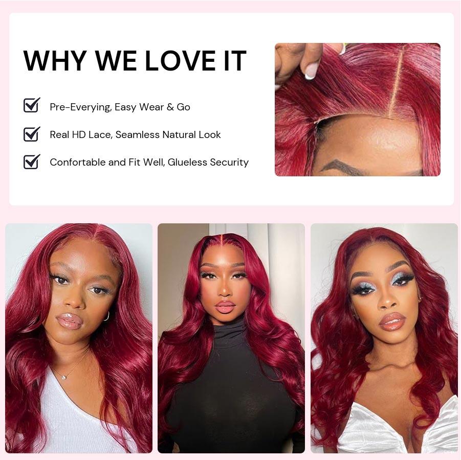 WOWANGEL Plum Red 5X5 HD Lace Closure Wig Body Wave Glueless Wigs - wowangel