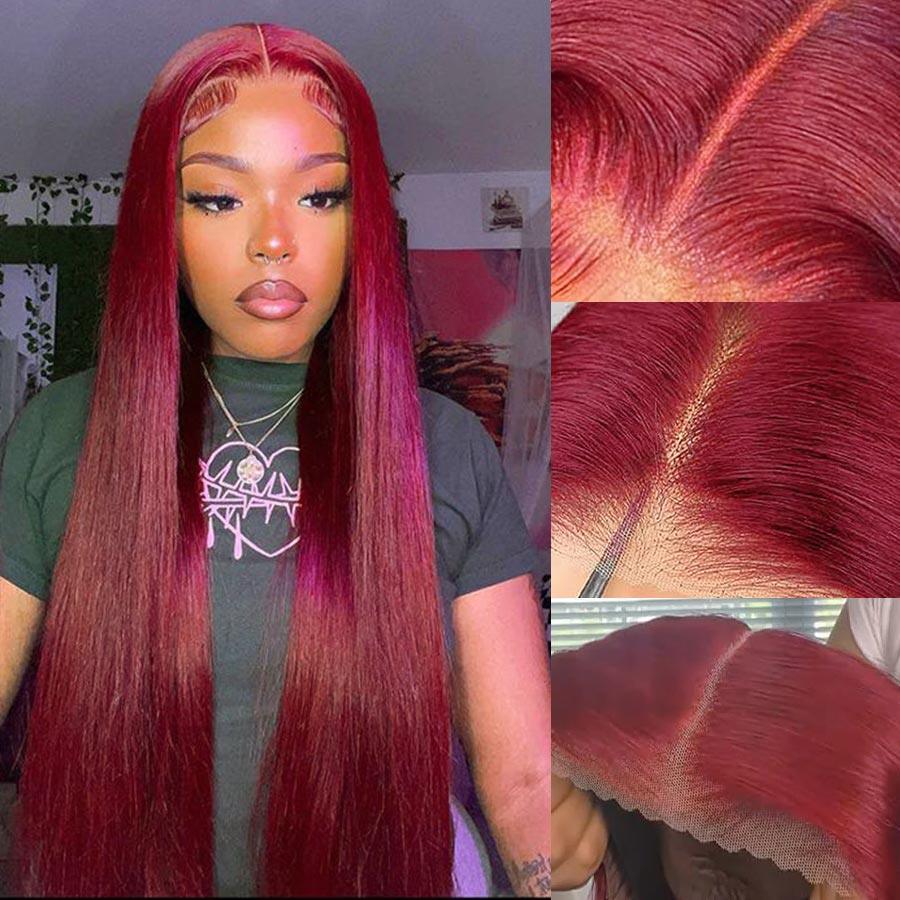 Plum red straight lace closure wig with HD lace detail