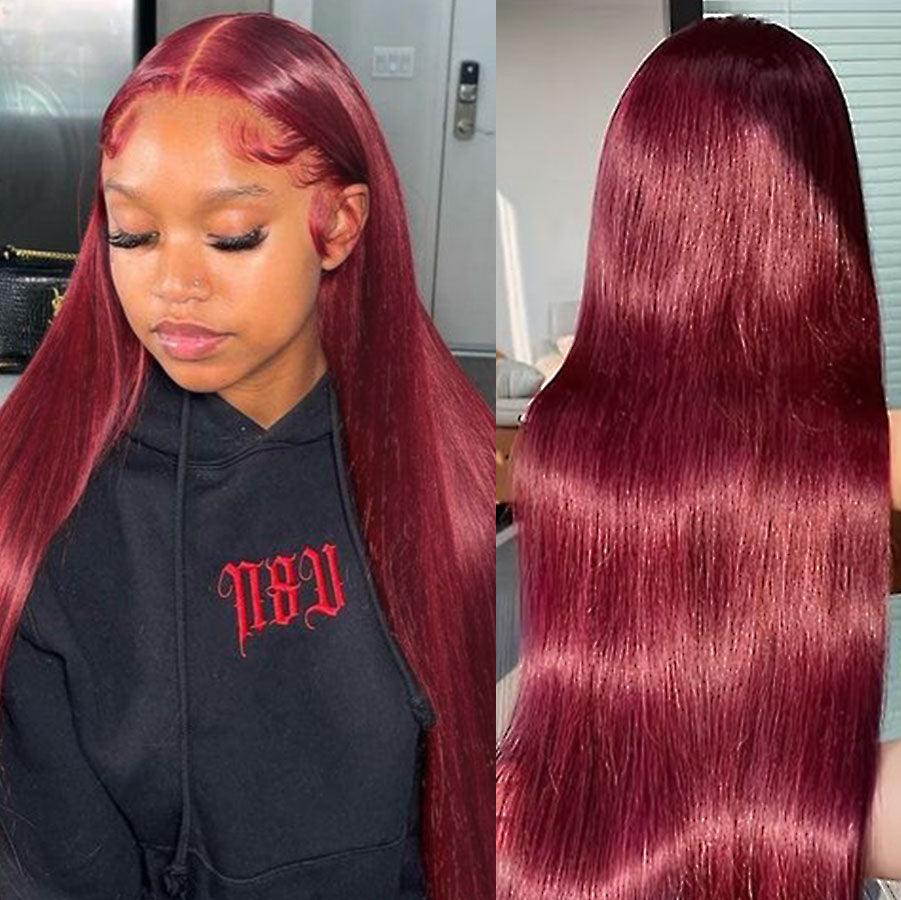 Burgundy straight wig showcasing shine and texture