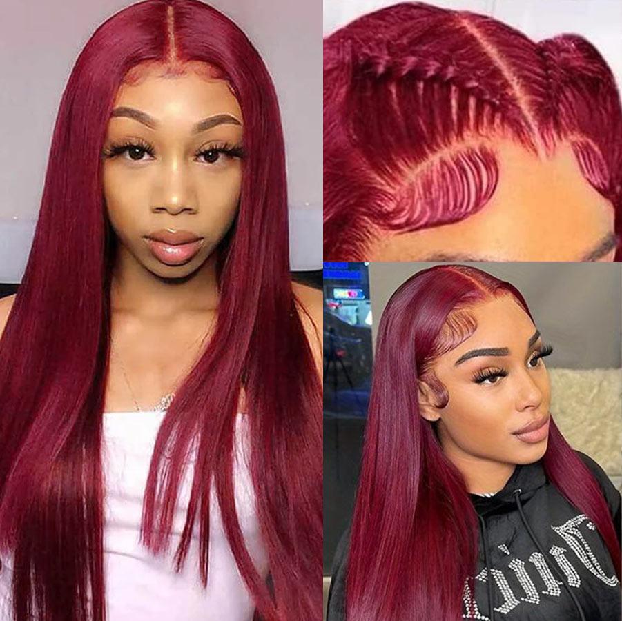 Models wearing plum red HD lace closure wigs