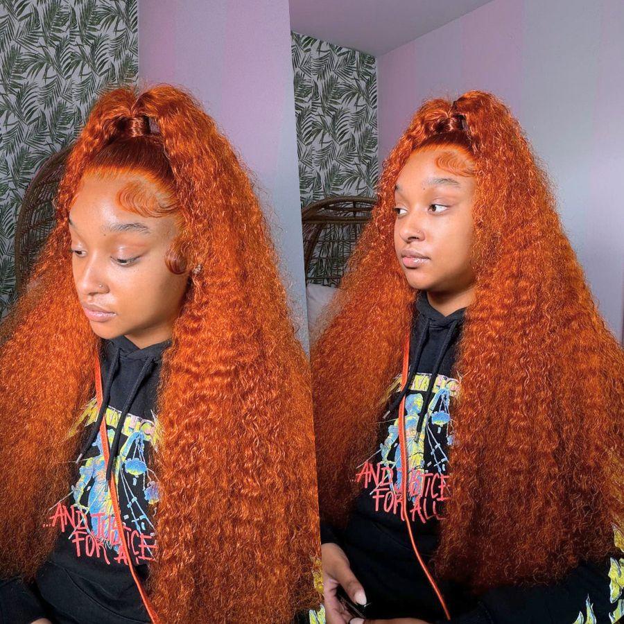 Reddish brown curly lace front wig side view