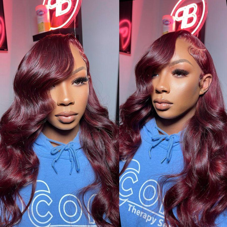 Model wearing WOWANGEL Burgundy Lace Front Wig