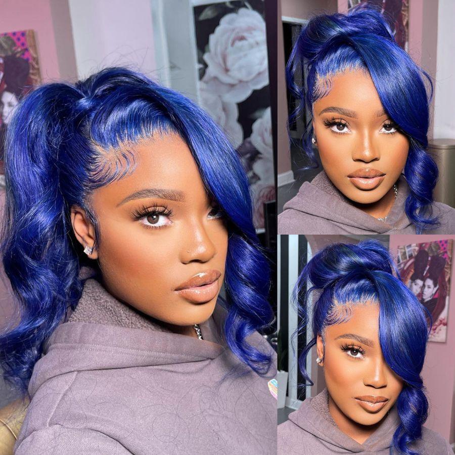 Blue 13X6 lace front wig styled in curls