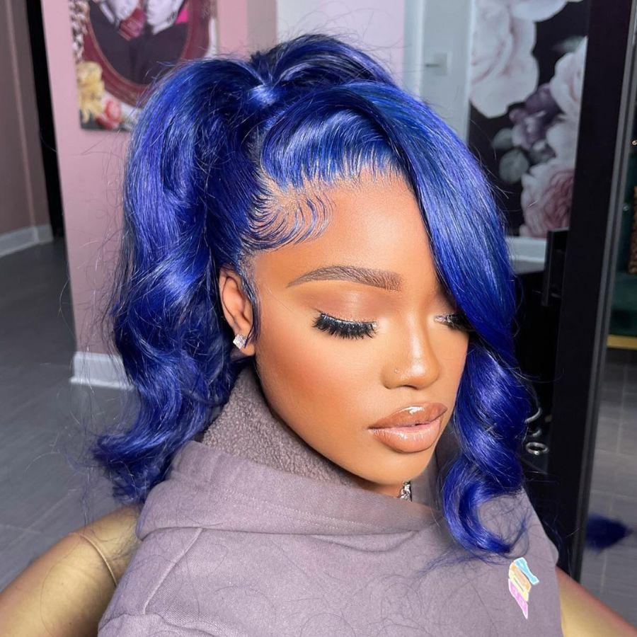 Close-up of blue lace front wig with curls