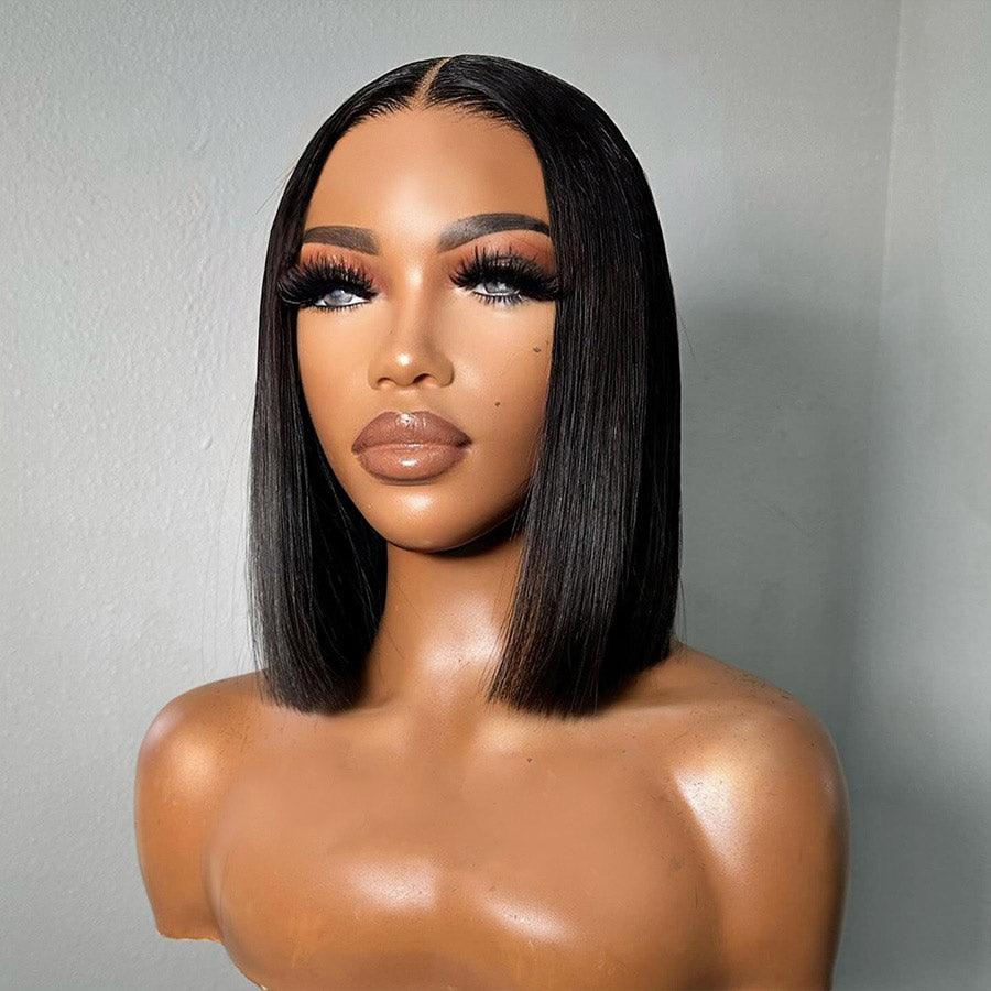 WOWANGEL straight bob wig on mannequin, angled view