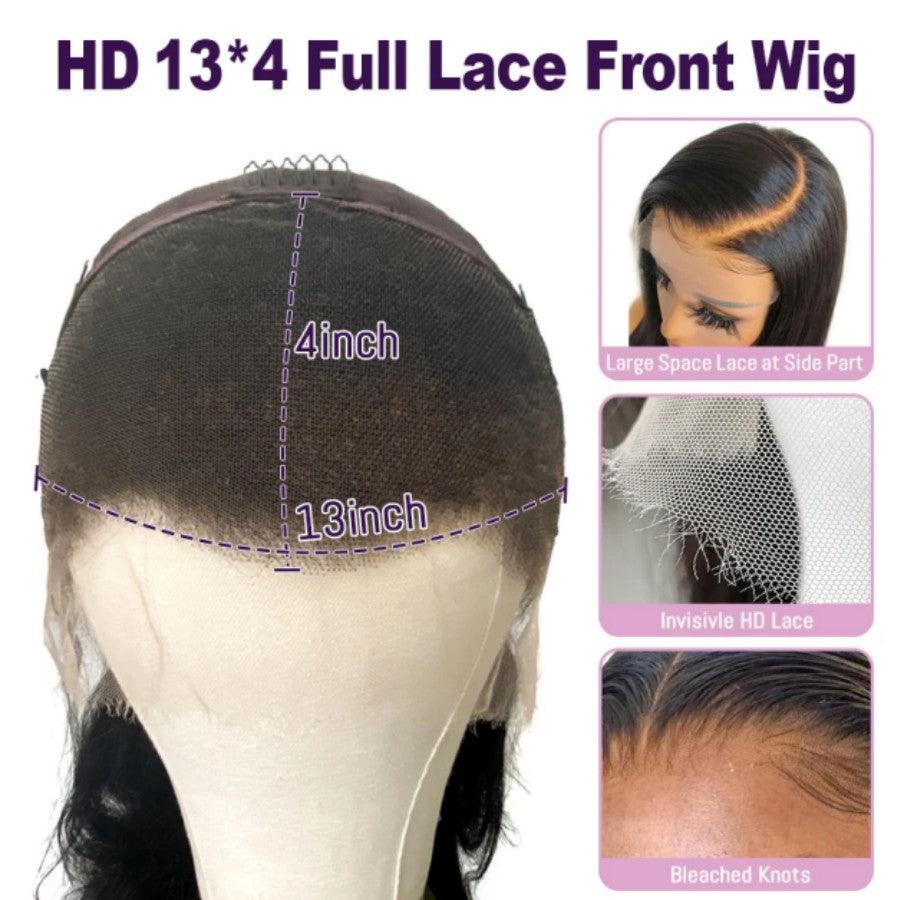 Diagram of a 13x4 HD lace frontal wig, highlighting the large parting space, invisible lace, and bleached knots for a natural look.