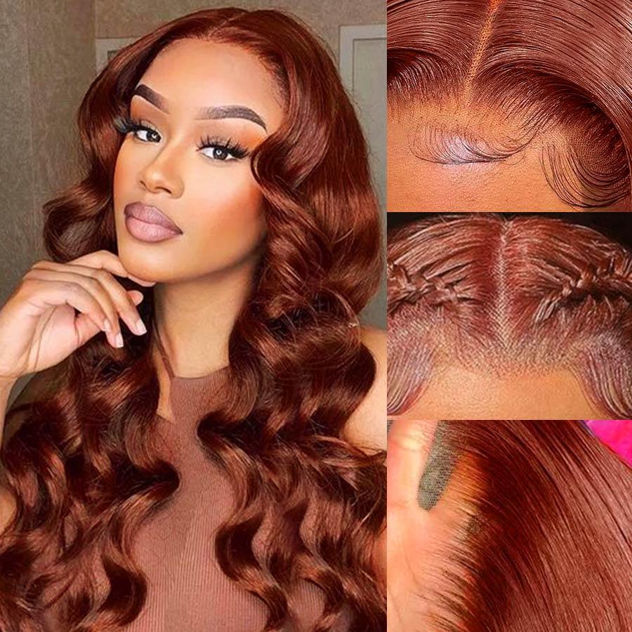 Reddish brown body wave wig with HD lace closure, close-up views.