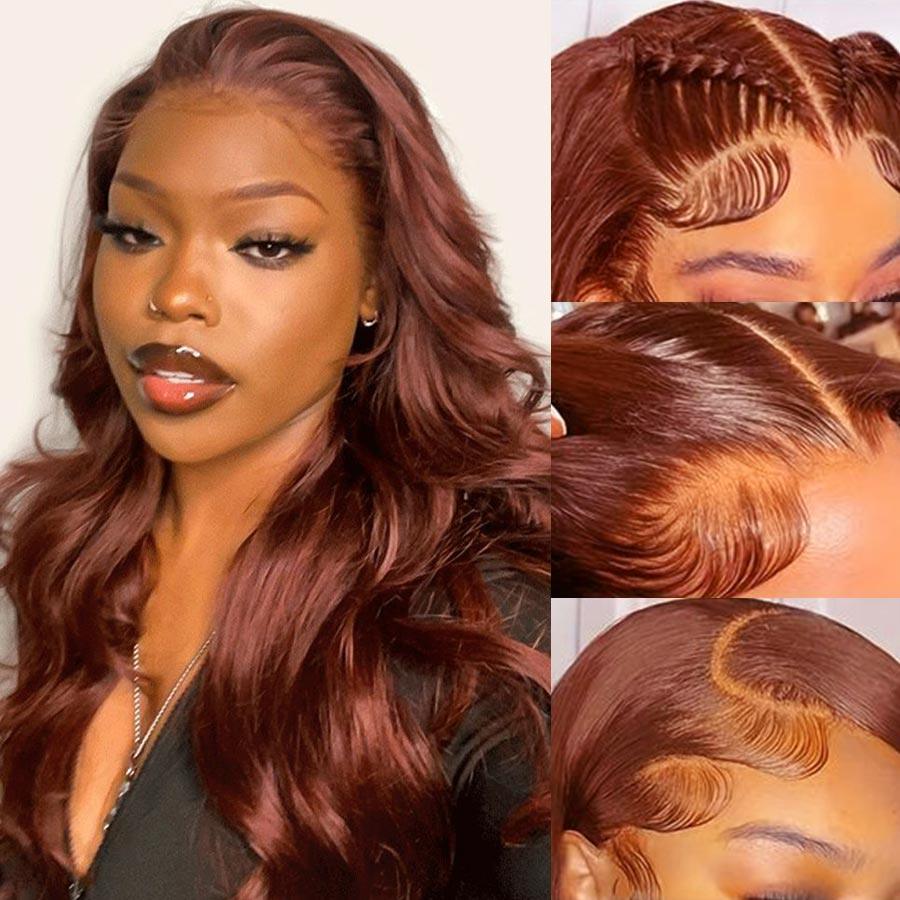 Reddish brown body wave wig with HD lace, styled on model.