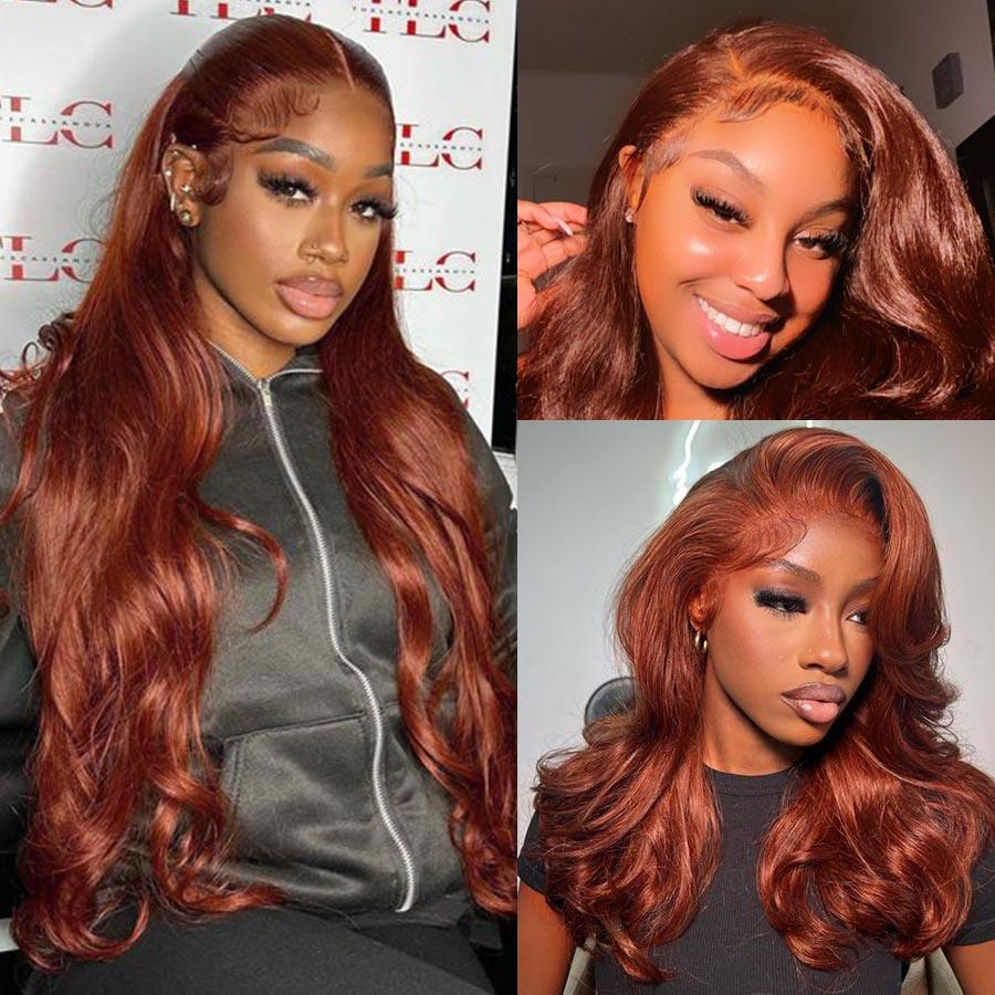 Various styles of reddish brown HD lace wigs on models.