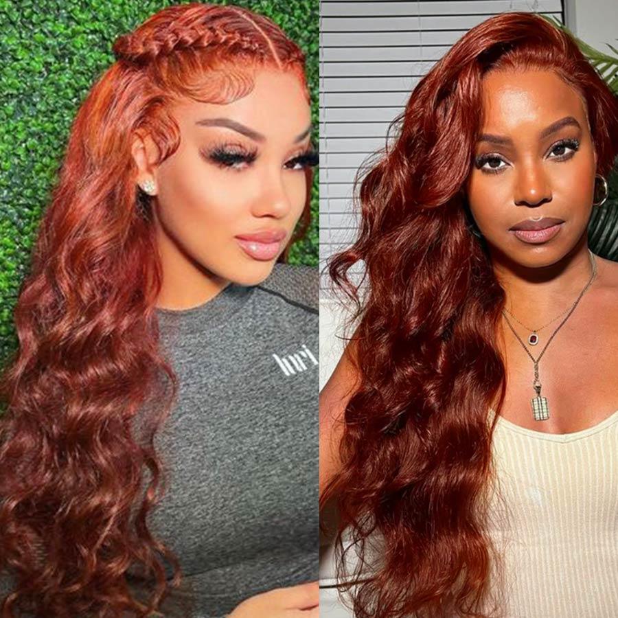 Models showcasing long reddish brown body wave wigs.