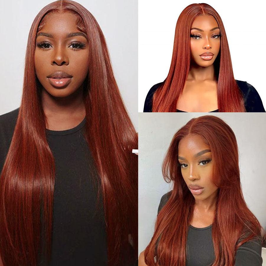 Model wearing reddish brown straight glueless wig