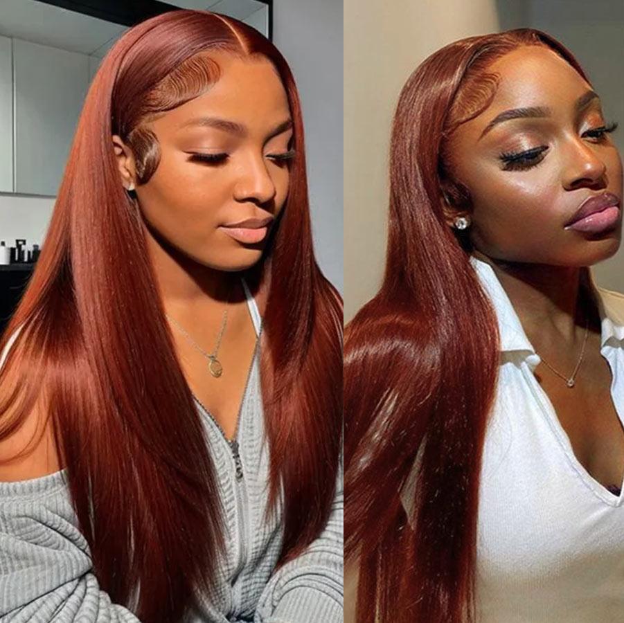 Side view of reddish brown straight glueless wig