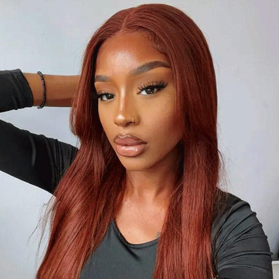 Woman showcasing reddish brown glueless wig