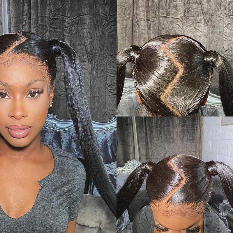 Straight full lace wig styled in sleek ponytails