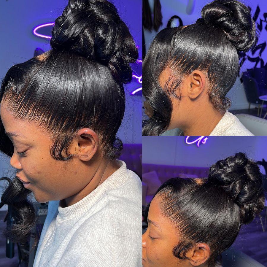 Full lace wig styled in an elegant bun with curls