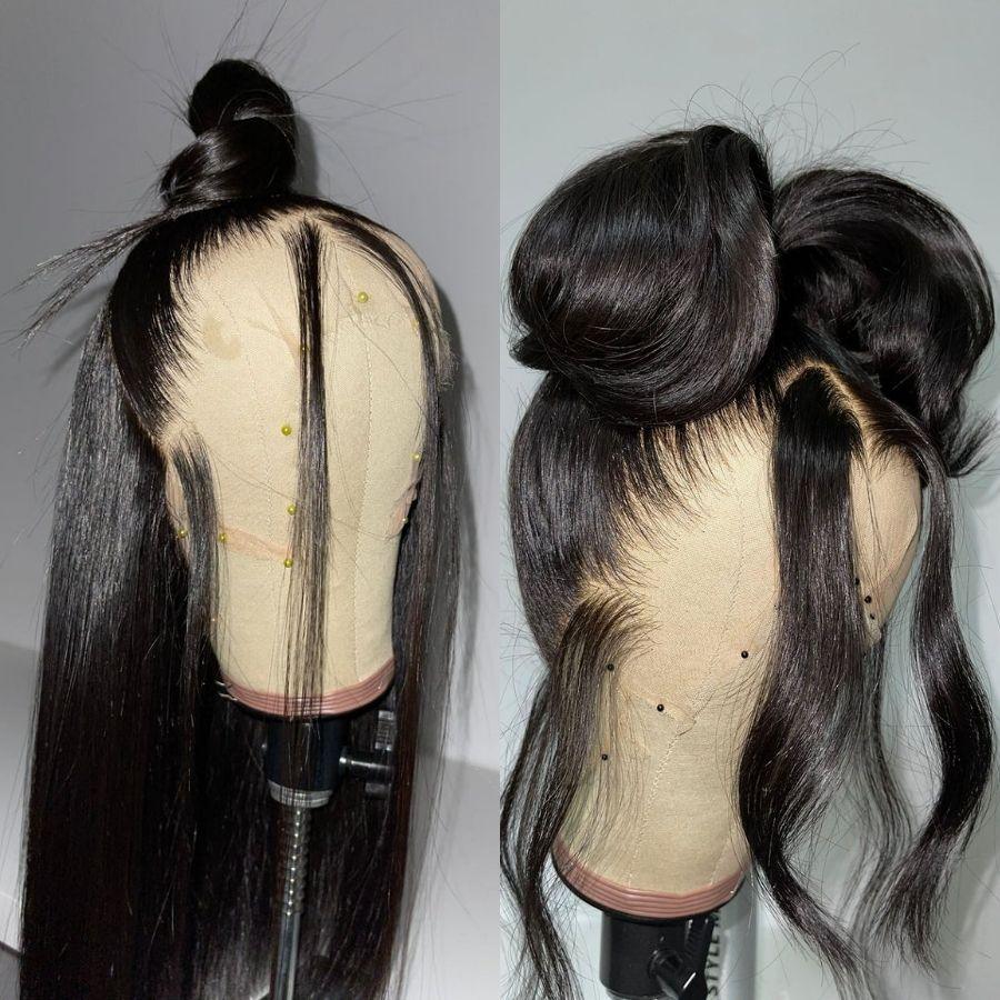 Straight full lace wig on mannequin with bun