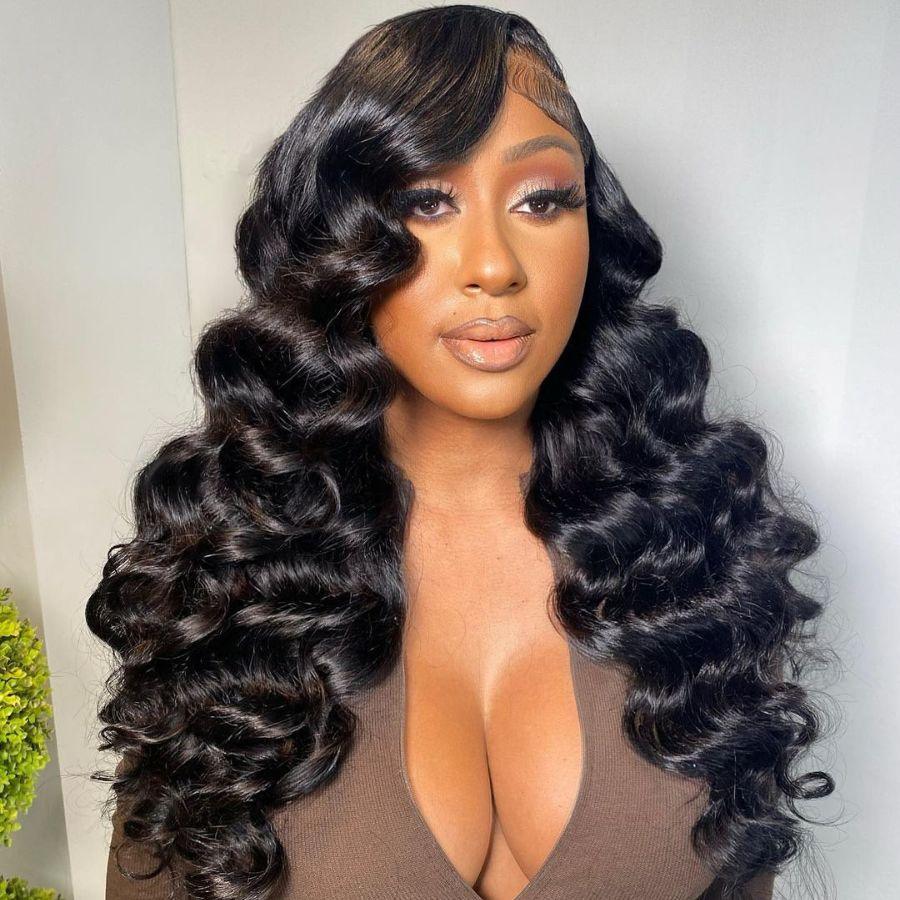 Model wearing WOWANGEL loose wave wig with side part