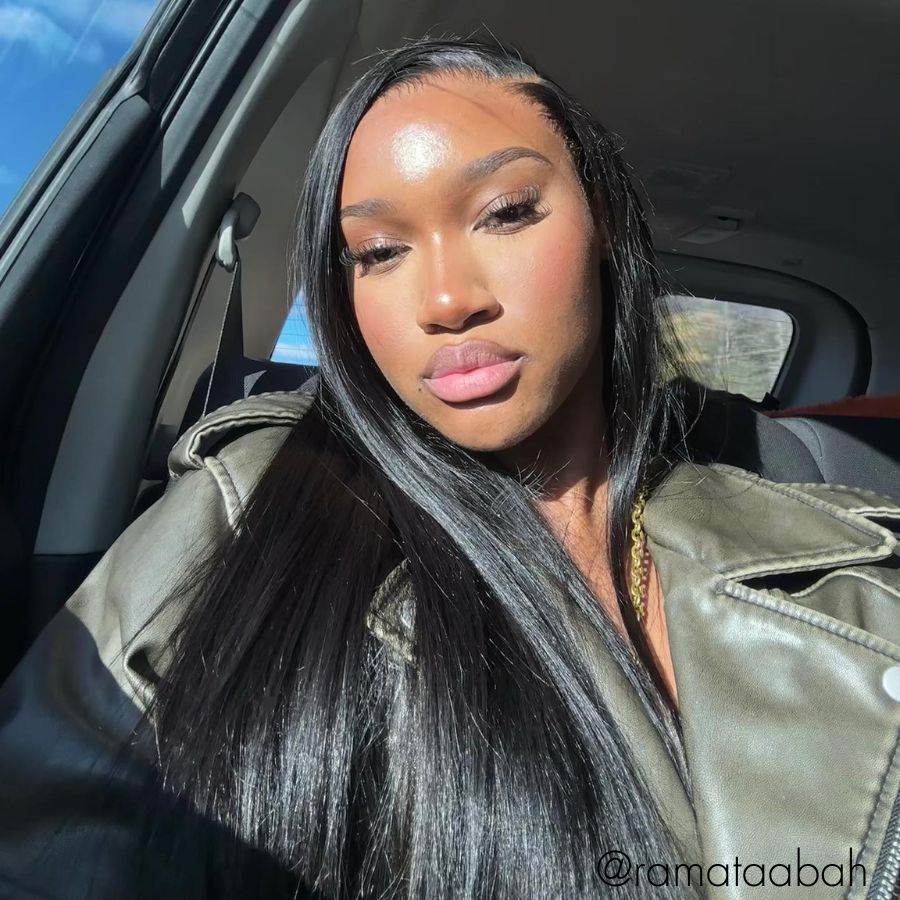 Person wearing WOWANGEL HD Lace wig, silk straight in car