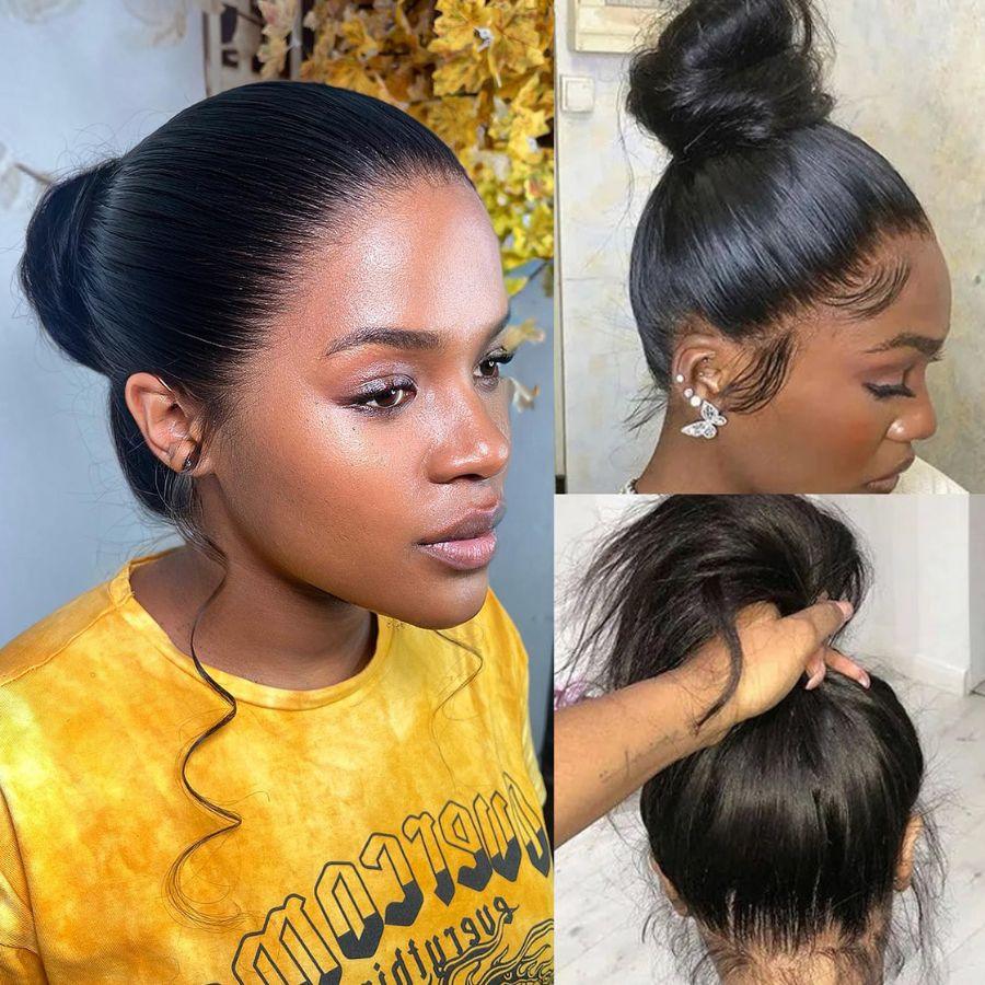 360 HD lace wig styled in a sleek bun, natural hairline