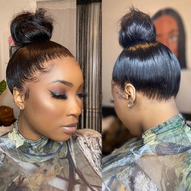 360 HD lace wig styled in a high bun, clean hairline