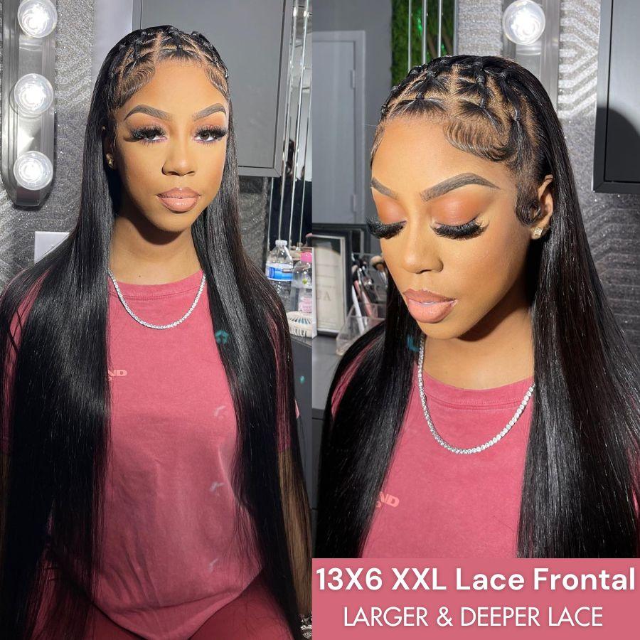 Model wearing 13X6 XXL lace frontal wig with deep lace