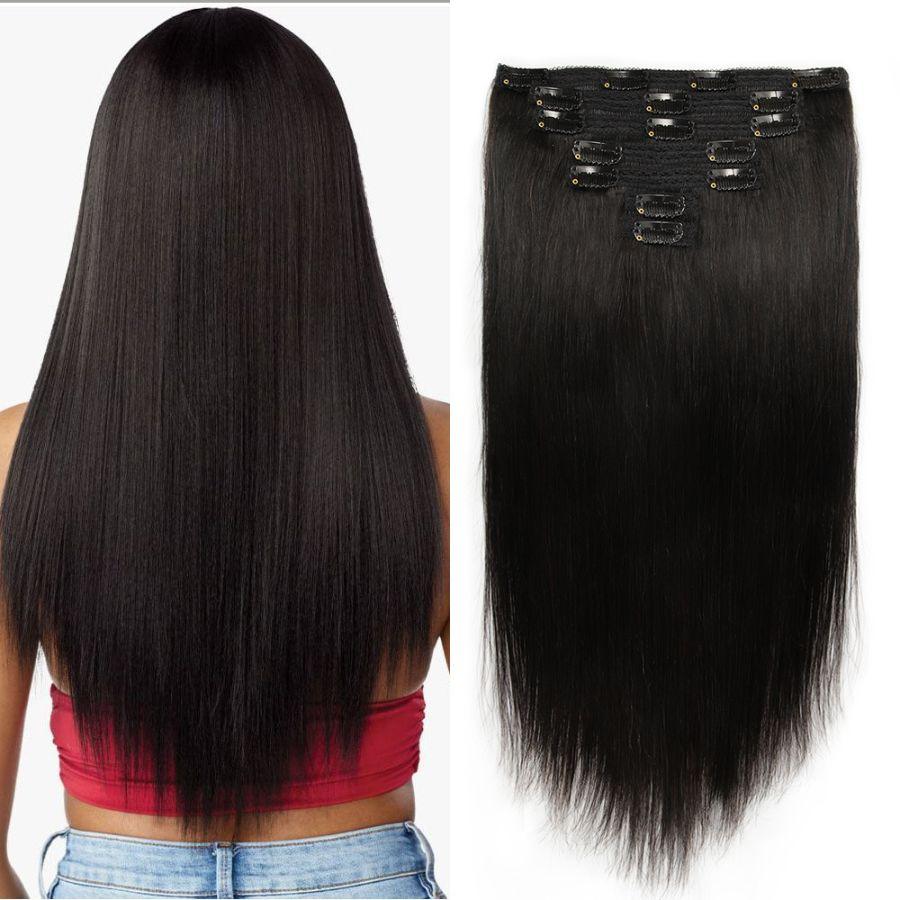 Back view of straight clip-in hair extensions