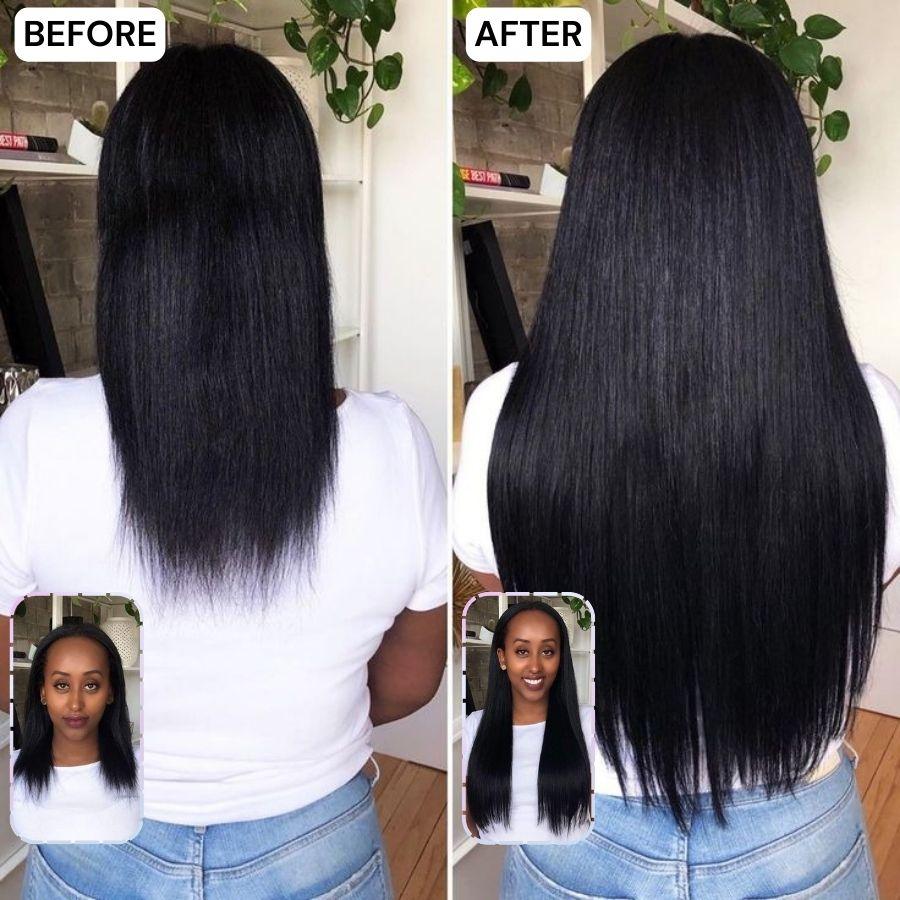 Before and after hair extension transformation