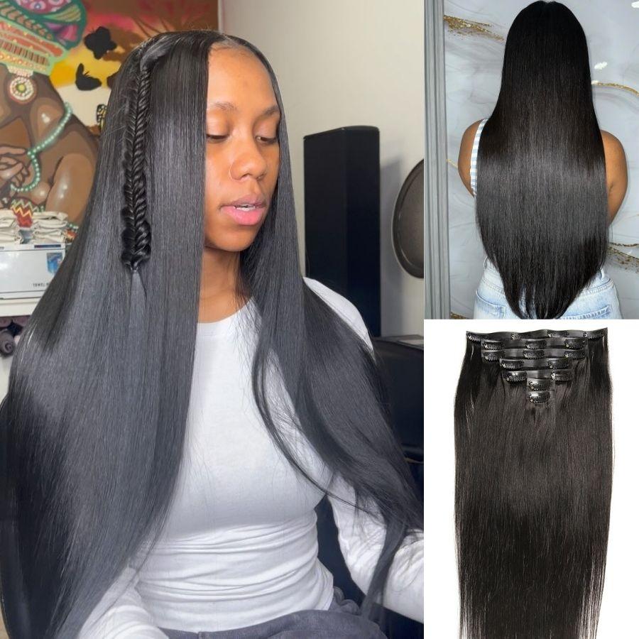 WOWANGEL straight seamless clip-in hair extensions on model