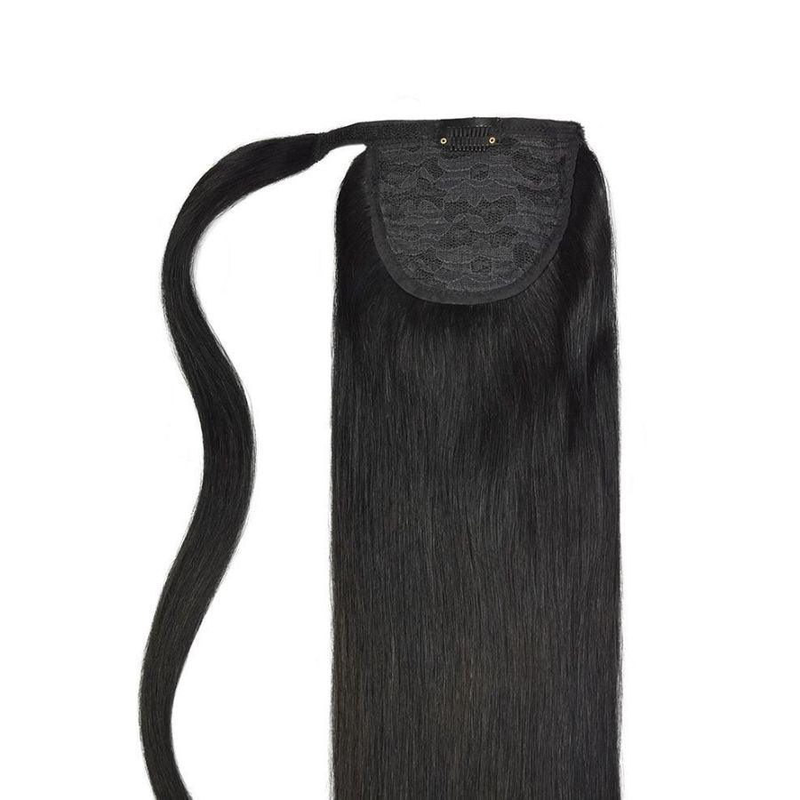 Close-up of WOWANGEL straight ponytail extension natural black