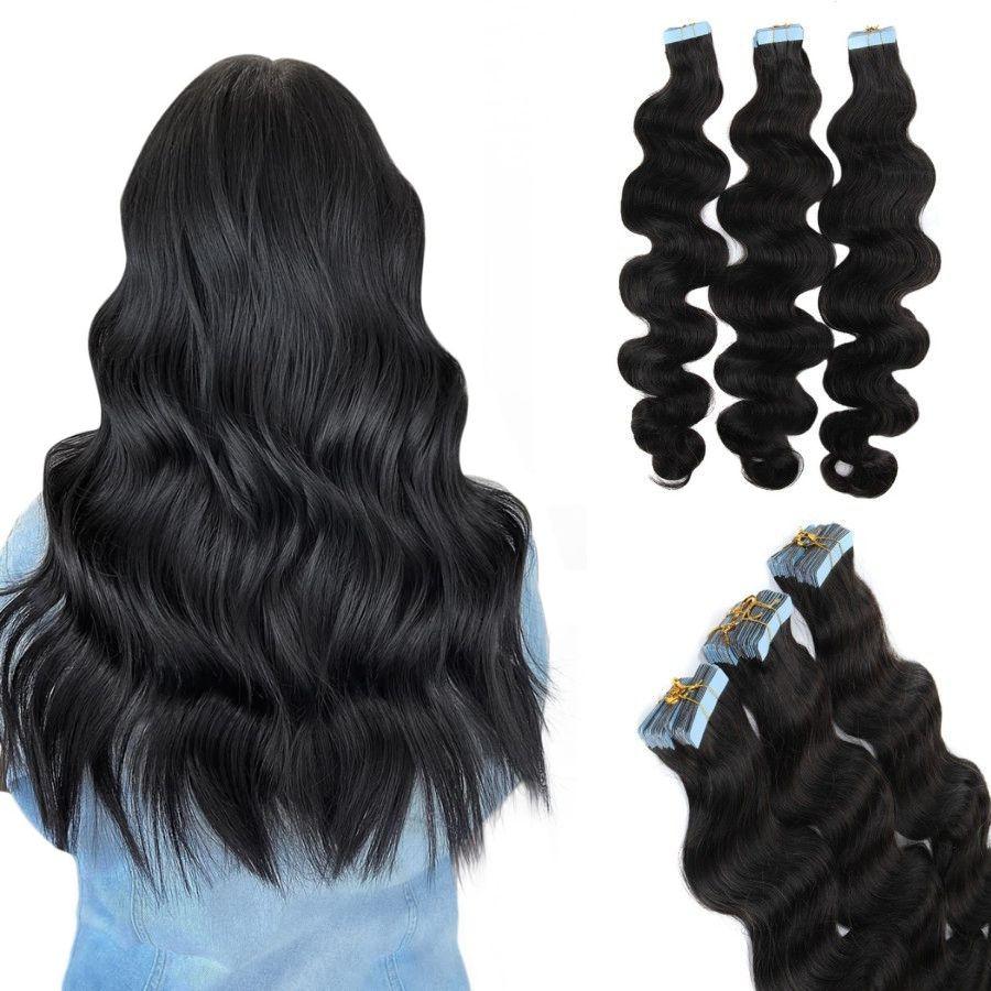 WOWANGEL Tape in Hair Extensions Body Wave Natural Black Human Hair 40pcs 100g - wowangel