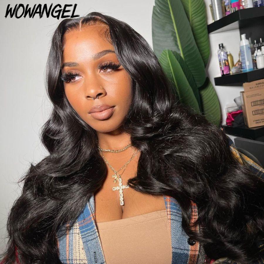 Model wearing Wowangel body wave wig, showcasing natural look.