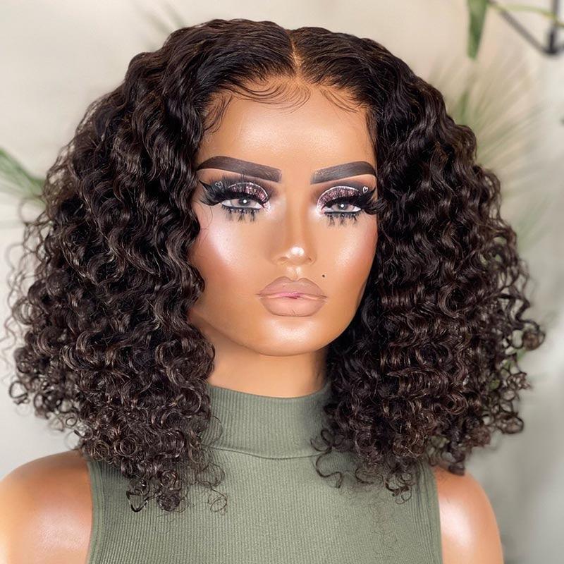 Curly bob wig with HD lace closure on mannequin