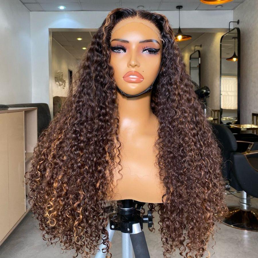 Curly highlight HD lace closure wig on mannequin