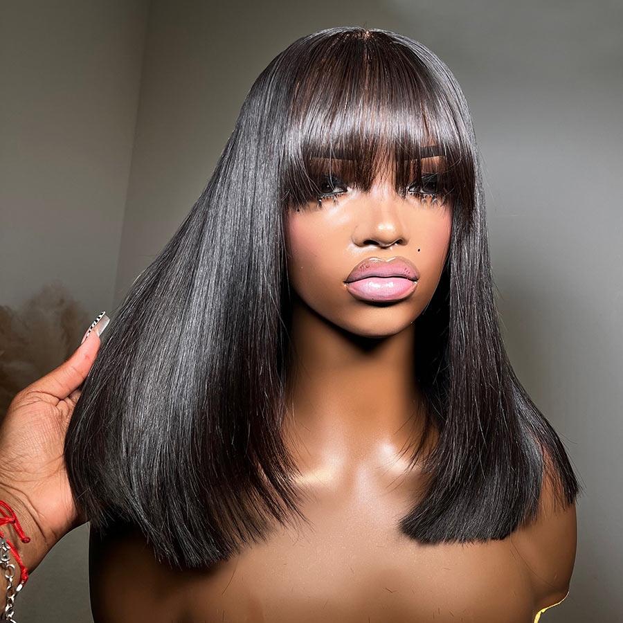 WOWANGEL Wear & Go Straight Short BOB With Bangs 5x5 HD Lace Closure Wig Glueless Wig - wowangel