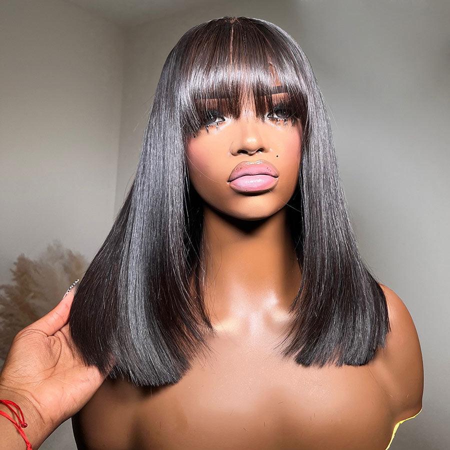 WOWANGEL Wear & Go Straight Short BOB With Bangs 5x5 HD Lace Closure Wig Glueless Wig - wowangel