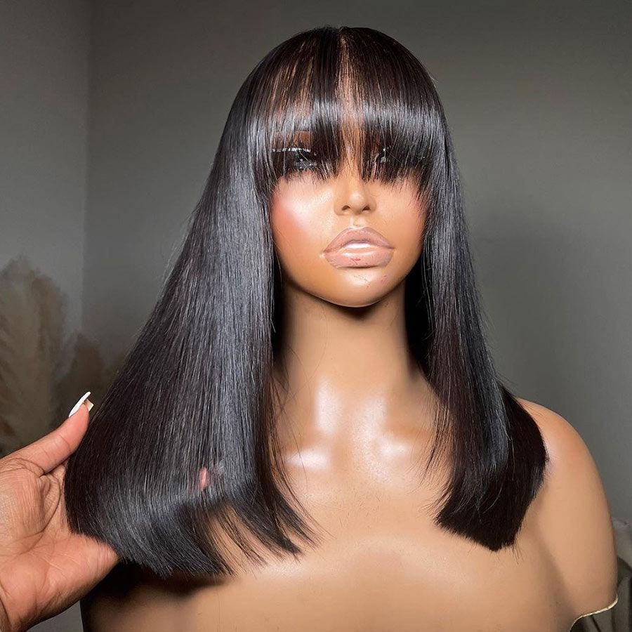 WOWANGEL Wear & Go Straight Short BOB With Bangs 5x5 HD Lace Closure Wig Glueless Wig - wowangel