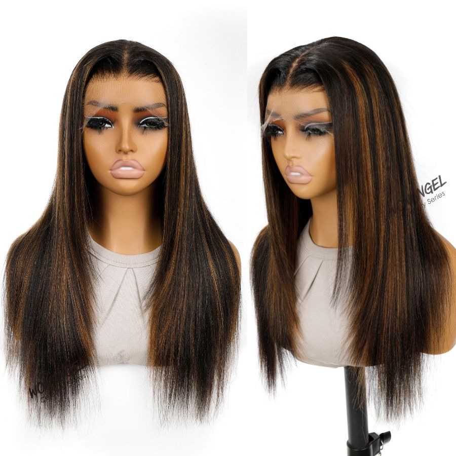 WOWANGEL Yaki Straight Highlight HD Lace 13X6 Full Frontal Wig Layered Cut Pre Plucked Hairline - wowangel