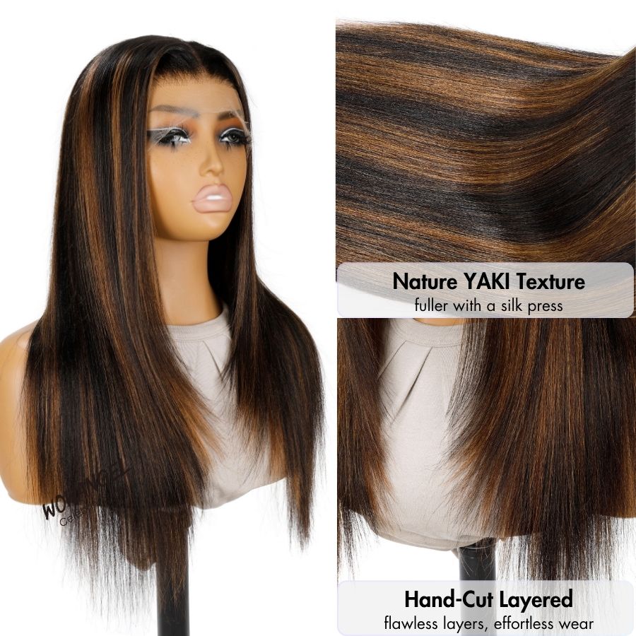 WOWANGEL Yaki Straight Highlight HD Lace 13X6 Full Frontal Wig Layered Cut Pre Plucked Hairline - wowangel