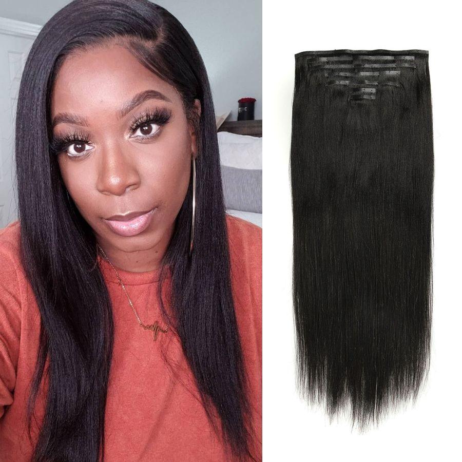 Yaki straight seamless clip-in hair extensions worn by model.