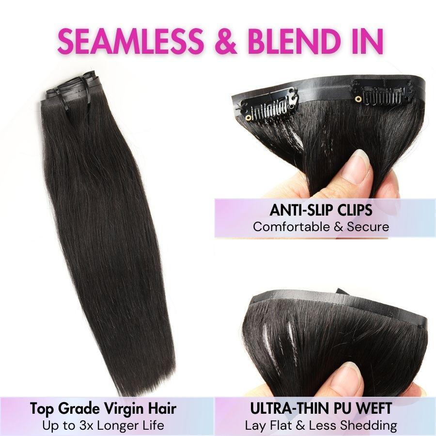 Anti-slip clips, ultra-thin PU weft, top grade virgin hair