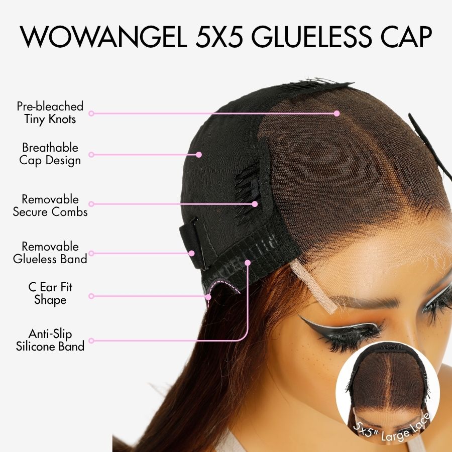 WOWANGEL 5x5 glueless cap shown on a mannequin head with labeled callouts pointing to features such as pre-bleached tiny knots, breathable cap design, removable secure combs, removable glueless band, C ear fit shape, and anti-slip silicone band. The cap is black and semi-sheer, with the mannequin's brown hair visible around it.