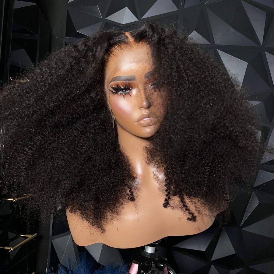 WOWANGEL Afro Curly 13X6 HD Lace Full Frontal Wig Pre Plucked Seamless Hairline
