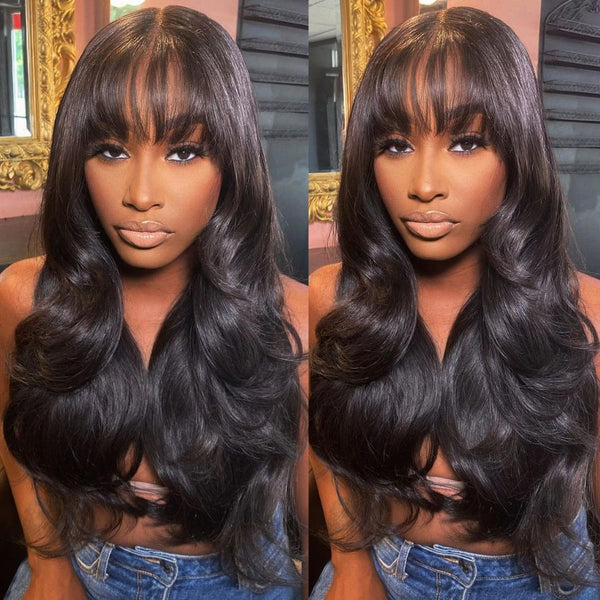13x6 Wig with Bangs Human Hair HD Lace Body Wave Layered Cut