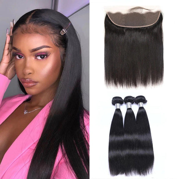 3 Straight Hair Bundles With 13x4 HD Lace Frontal Human Hair